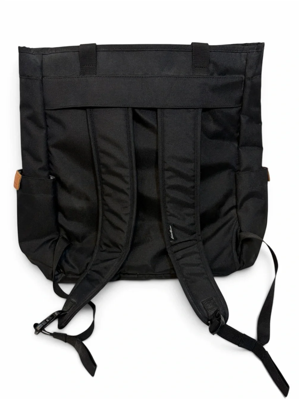 Eddie Bauer Black Canvas Tote Bag Brown Accent Handles - converts to a back pack